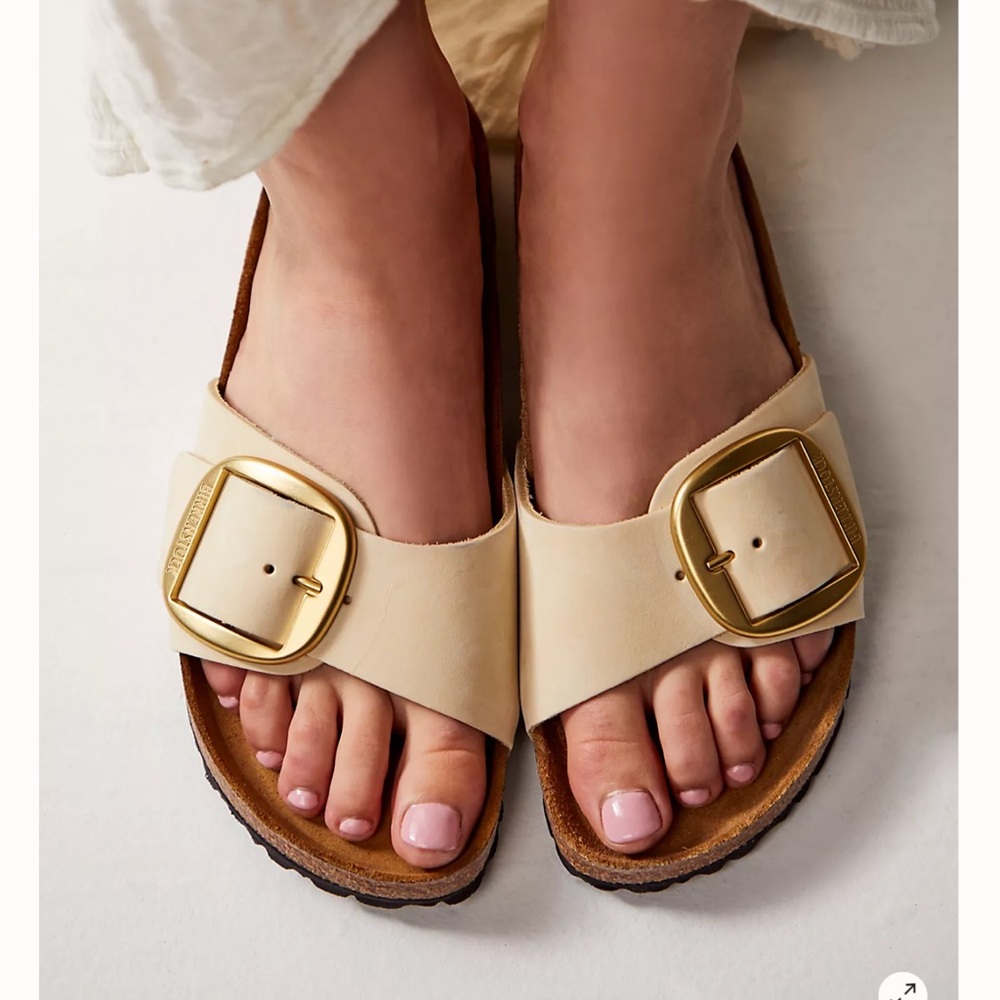 NWT Birkenstock Madrid High Shine Ecru Big Buckle Gold Beige Sandals - Picture 4 of 15